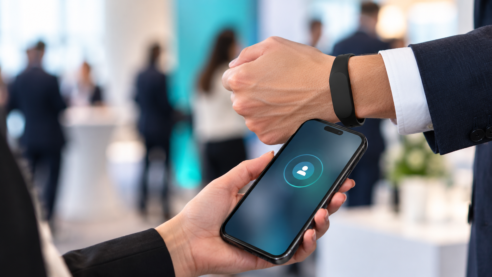 Persona en un evento acercando su pulsera NFC al teléfono de otra